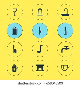 Vector Illustration Of 12 Restaurant Icons. Editable Pack Of Faucet, Measuring Tool, Washstand Elements.