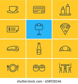 Vector Illustration Of 12 Restaurant Icons. Editable Pack Of Alcohol, Food, Bacon And Other Elements.