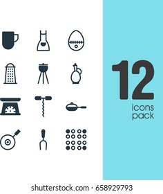 Vector Illustration Of 12 Restaurant Icons. Editable Pack Of Barbecue Tool, Breakfast, Measuring Tool And Other Elements.