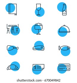 Vector Illustration Of 12 Restaurant Icons. Editable Pack Of Table, Card, Bacon And Other Elements.