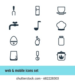 Vector Illustration Of 12 Restaurant Icons. Editable Pack Of Soup Spoon, Round Slicer, Can And Other Elements.