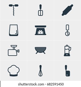 Vector Illustration Of 12 Restaurant Icons. Editable Pack Of Wine Opener, Fruit Squeezer, Cooking Spade And Other Elements.