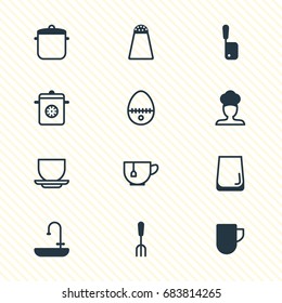 Vector Illustration Of 12 Restaurant Icons. Editable Pack Of Tea Cup, Cook, Fork And Other Elements.