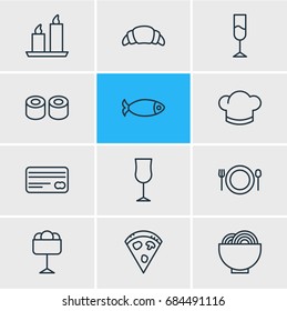 Vector Illustration Of 12 Restaurant Icons. Editable Pack Of Sundae, Japanese Roll, Bowl And Other Elements.