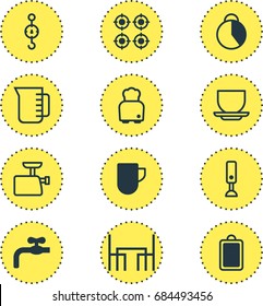 Vector Illustration Of 12 Restaurant Icons. Editable Pack Of Timekeeper, Steelyard, Tea Cup And Other Elements.