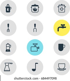 Vector Illustration Of 12 Restaurant Icons. Editable Pack Of Shaker, Tea Cup, Soup Spoon And Other Elements.