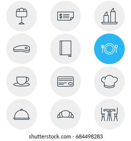 Vector Illustration Of 12 Restaurant Icons. Editable Pack Of Card, Dessert, Tea And Other Elements.