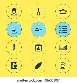 Vector Illustration Of 12 Restaurant Icons. Editable Pack Of Cooker , Bakery Roller, Handmixer Elements.