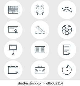 Vector Illustration Of 12 Science Icons. Editable Pack Of Write Table, Cap, Textbook And Other Elements.