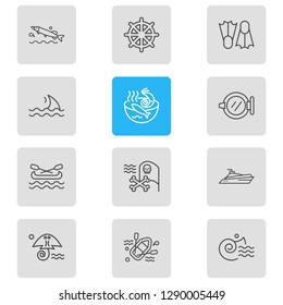 Vector illustration of 12 sea icons line style. Editable set of fin, ship window, pike fish and other icon elements.
