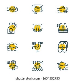 Vector illustration of 12 sea icons line style. Editable set of twin tank, prawn, fish bone and other icon elements.