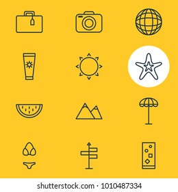 Vector illustration of 12 season icons line style. Editable set of camera, parasol, sun and other icon elements.
