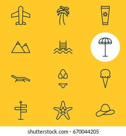 Vector Illustration Of 12 Season Icons. Editable Pack Of Sorbet, Swimwear, Hill And Other Elements.
