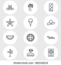 Vector Illustration Of 12 Season Icons. Editable Pack Of Island , Cocktail , Guide Elements.