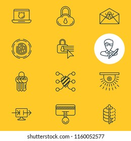 Vector illustration of 12 security icons line style. Editable set of cloud data protection, secure payment, keychain and other icon elements.
