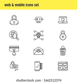 Vektorillustration Illustration von 12 Sicherheitssymbole Zeilenstil. Bearbeitbarer Satz von sicherem Zugriff, Antivirus, starkes Passwort und andere Icon Elemente.