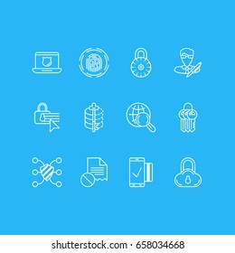 Vector Illustration Of 12 Security Icons. Editable Pack Of Encoder, Safe Lock, Safeguard And Other Elements.