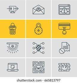 Vector Illustration Of 12 Security Icons. Editable Pack Of Camera, System Security, Safety Key And Other Elements.