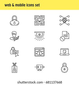 Vector Illustration Of 12 Security Icons. Editable Pack Of Account Data, Data Security, Browser Warning And Other Elements.