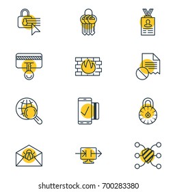 Vector Illustration Of 12 Security Icons. Editable Pack Of Account Data, Corrupted Mail, Internet Surfing And Other Elements.