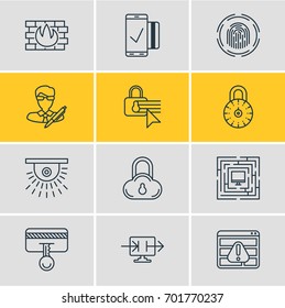 Vector Illustration Of 12 Security Icons. Editable Pack Of Finger Identifier, System Security, Safety Key And Other Elements.