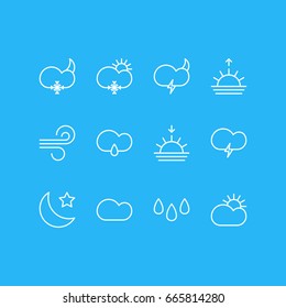Vector Illustration Of 12 Sky Icons. Editable Pack Of Sunny, Drip, Fulminant And Other Elements.