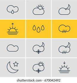 Vector Illustration Of 12 Sky Icons. Editable Pack Of Drip, Sun, Sunny And Other Elements.