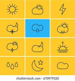 Vector Illustration Of 12 Sky Icons. Editable Pack Of Moon Month, Rain, Sunlight And Other Elements.