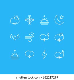 Vector Illustration Of 12 Sky Icons. Editable Pack Of Breeze, Weather, Snow And Other Elements.