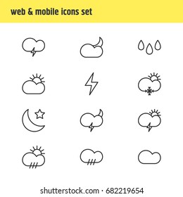 Vector Illustration Of 12 Sky Icons. Editable Pack Of Rain, Lightning, Sun And Other Elements.