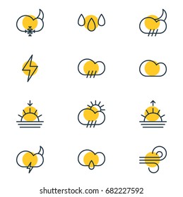 Vector Illustration Of 12 Sky Icons. Editable Pack Of Breeze, Sunrise, Snowflake And Other Elements.