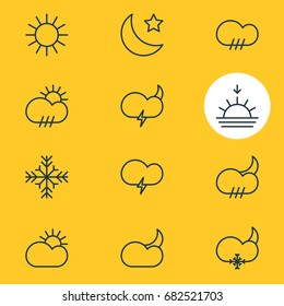 Vector Illustration Of 12 Sky Icons. Editable Pack Of Cloud, Snow, Rainy And Other Elements.