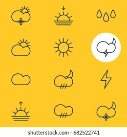 Vector Illustration Of 12 Sky Icons. Editable Pack Of Cloudy, Drip, Sunlight And Other Elements.