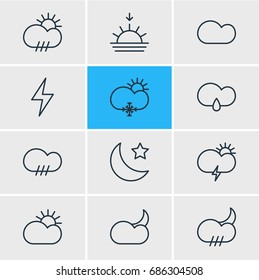 Vector Illustration Of 12 Sky Icons. Editable Pack Of Rain, Rainy, Crescent And Other Elements.