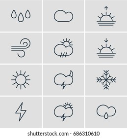 Vector Illustration Of 12 Sky Icons. Editable Pack Of Weather, Drip, Cloudy And Other Elements.