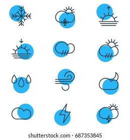 Vector Illustration Of 12 Sky Icons. Editable Pack Of Rainy, Rain, Windstorm And Other Elements.