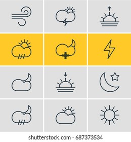 Vector Illustration Of 12 Sky Icons. Editable Pack Of Sunlight, Moon Month, Cloud And Other Elements.