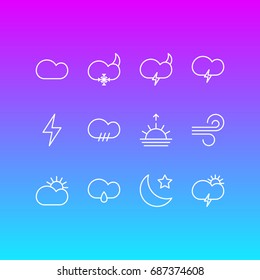 Vector Illustration Of 12 Sky Icons. Editable Pack Of Lightning, Drizzles, Fulminant And Other Elements.
