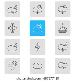 Vector Illustration Of 12 Sky Icons. Editable Pack Of Moon Month, Sun, Lightning And Other Elements.