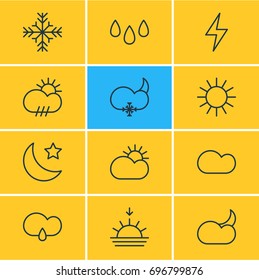 Vector Illustration Of 12 Sky Icons. Editable Pack Of Rain, Crescent, Snowflake And Other Elements.