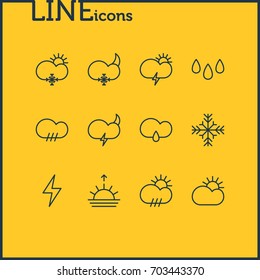 Vector Illustration Of 12 Sky Icons. Editable Pack Of Weather, Drip, Sunset And Other Elements.