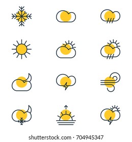 Vector Illustration Of 12 Sky Icons. Editable Pack Of Fulminant, Sunlight, Snow And Other Elements.