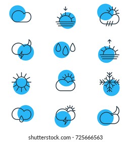 Vector Illustration Of 12 Sky Icons. Editable Pack Of Sunrise, Rain, Windstorm And Other Elements.