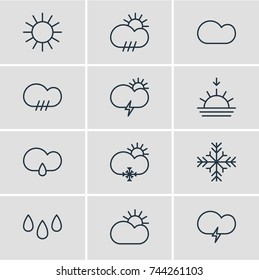 Vector Illustration Of 12 Sky Icons. Editable Pack Of Sunny, Fulminant, Rain And Other Elements.