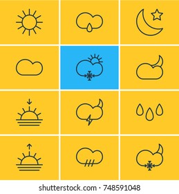 Vector Illustration Of 12 Sky Icons. Editable Pack Of Rainy, Weather, Snowflake And Other Elements.