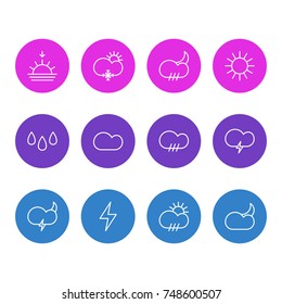 Vector Illustration Of 12 Sky Icons. Editable Pack Of Moon Month, Fulminant, Weather And Other Elements.