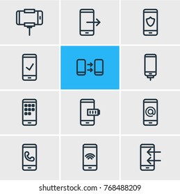 Vector Illustration Of 12 Smartphone Outline Icons. Editable Set Of Charger, Application, Inbox And Other Elements.