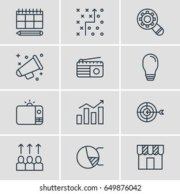 Vector Illustration Of 12 Social Icons. Editable Pack Of Fm Broadcasting, Analysis, Advancement And Other Elements.