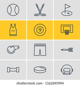 Vector illustration of 12 sport icons line style. Editable set of pennant, hoop, sticks and other icon elements.