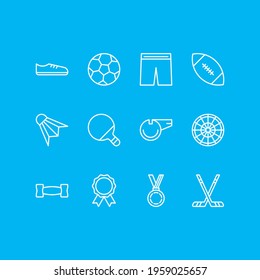Vector illustration of 12 sport icons line style. Editable set of sticks, barbell, ping and other icon elements.